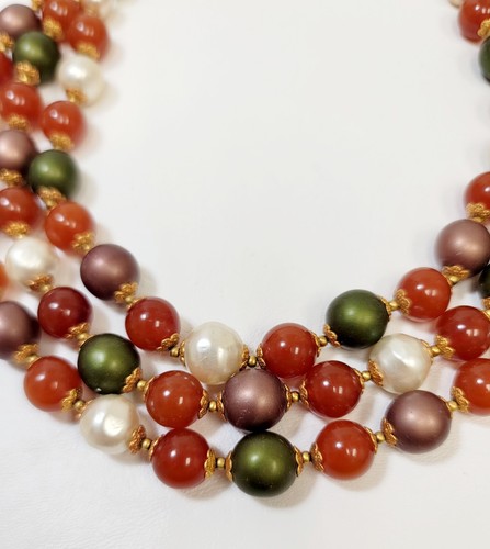 Vintage Estate French Glass Carnelian Faux Glass Pearl Brass 3 Strand Necklace - Picture 4 of 6