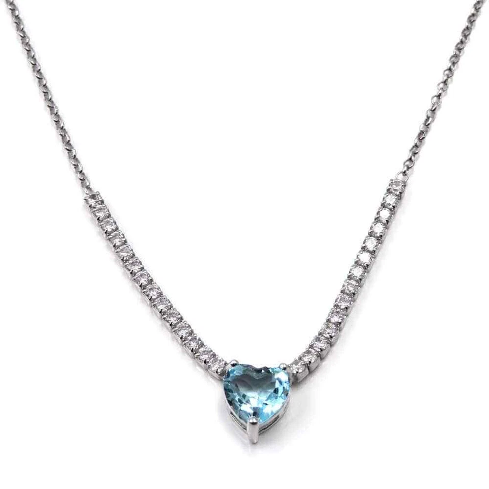 Collana Tennis in Argento Sterling 925 con Zircone Cuore Acquamarina e Zirconi B - Immagine 4 di 4