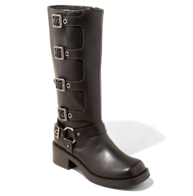 Wild Fable Womens Black Faux Leather Rebel Tall Moto Buckle Boots