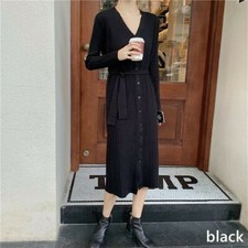 Donna Maglia Abito Midi Scollo A V Manica Lunga Allacciate Bottoni Casual Tratto