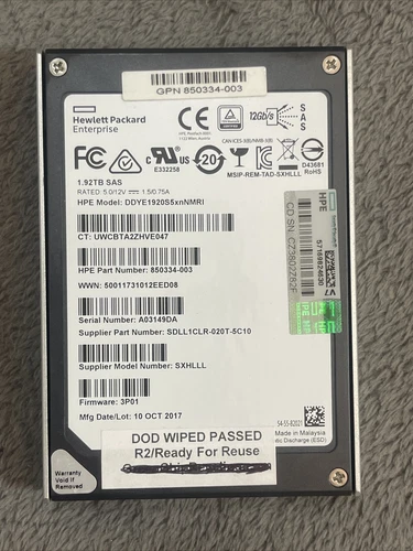 1.92TB SSD HPE 2.5 12Gbs SAS DDYE1920S5xnNMRI SXHLLL 3P01  778252-001 850334-003