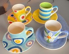 4 Whittard Of Chelsea Handpainted Espresso Cups & Saucers Circles, Lines, Floral