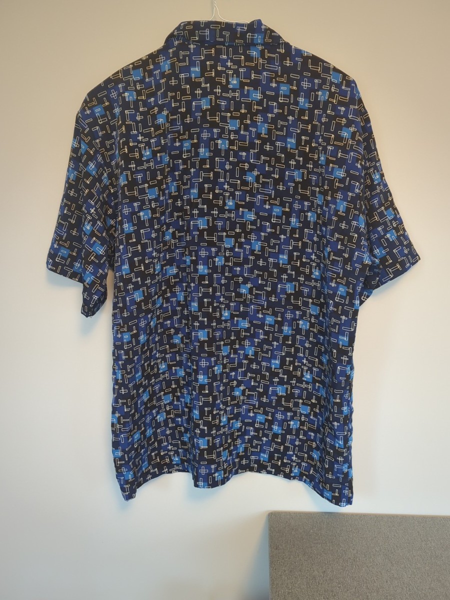 ODO Blue Black Polyester Geometric Button Up All Over Print Shirt