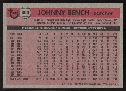 1981 Topps #600 Johnny Bench Cincinnati Reds HOF MINT NO RESERVE! - Picture 2 of 2