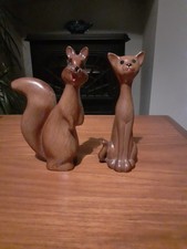 Vintage  Mid Century Wood Effect Cat Squirrel Shiney Eyed Figures Ornaments