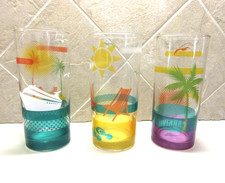 Set of 3 Carnival Cruise 10 oz Colorful Tropical Beach Themed Drinking Glasses
