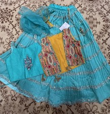 Girls Blue  Yellow Embroidered Choli Set w/ Lehenga Skirt  Dupatta