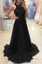 Black Sequin Evening Dress Sleeveless Floor Length Prom Wedding Party Gown 
