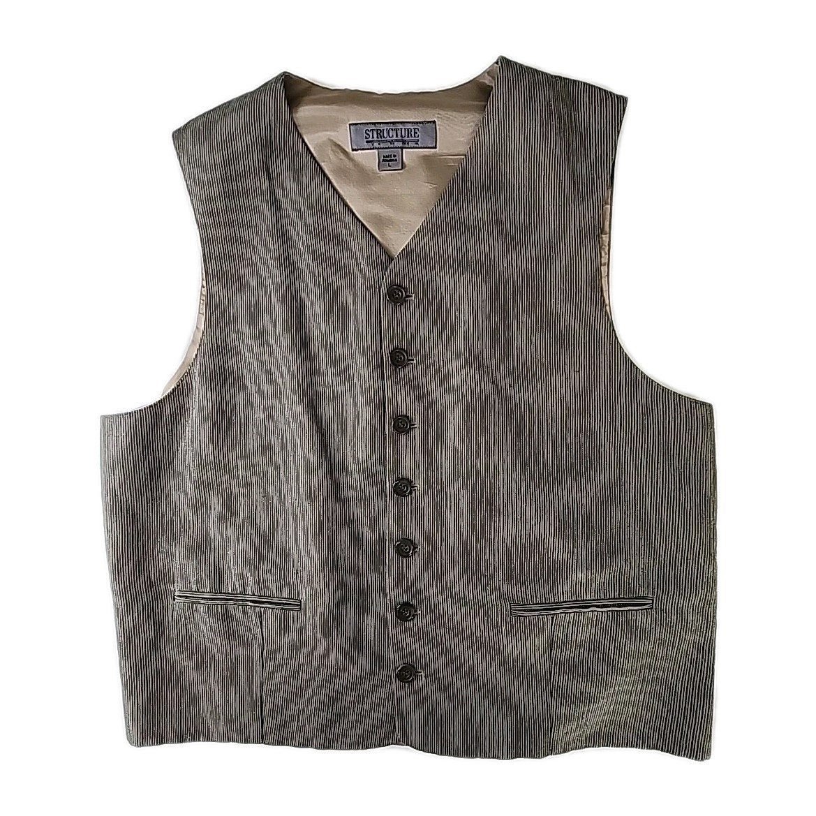 VTG Y2K STRUCTURE Men's Large Vest, Ticking Pinstripe, 7-Buttons, 2- Pockets EUC