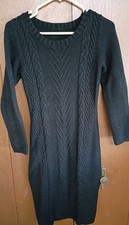 Black Cable Knit Sweater Dress Knee Length Round Neck 3/4 Sleeve