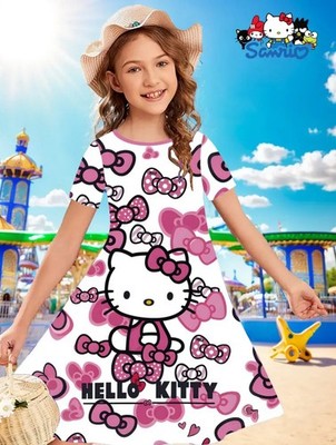Hello Kitty Girls Dress Size 6 Pink Bow Sanrio Short Sleeve Cute Kids