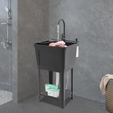 Modern Utility Sink Garage Bathroom Laundry Sink W/ Soap Box+Storage Rack+Faucet