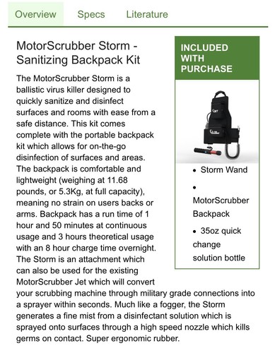 Sanitizing Backpack MotorScrubber Storm - Ballistic Virus Killer Sanitizing Backpack Kit | eBay