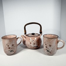 Vintage Japanese Pink Stoneware Tea Set Teapot w/ 2 Mugs Signed Base