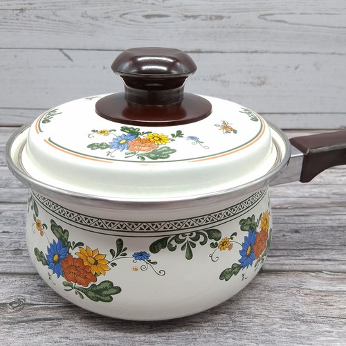 Vintage Enamelware Saucepan W/lid 6.5 Inch Floral Retro Kitchen Cookware