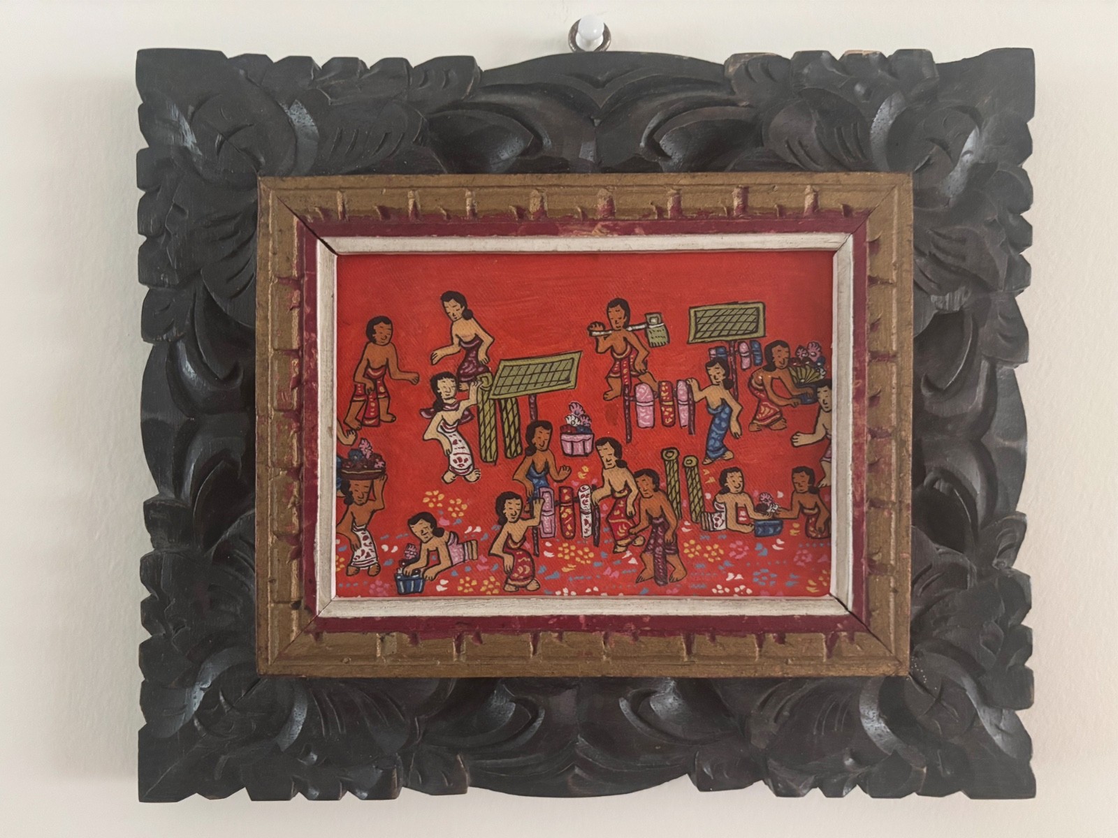 Rare) Ubud fork art (Naïve Art) painting+ Handmade frame from Bali Indonesia