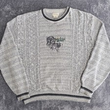 Vtg St. John's Bay Made in USA Mens XLT Embroidered Wolf Knit Sweater Nature Y2K