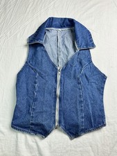 Vintage Denim Zip Front Vest Western Boho 90 s Collared Tie Back Small Y2K