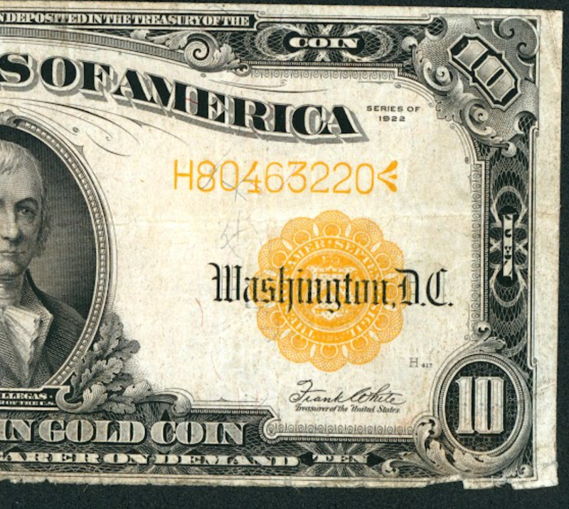 $10 1922 GOLD CERTIFICATE ** DAILY CURRENCY AUCTIONS