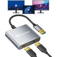 Reborn USB to HDMI Adapter, 1080P 60Hz USB 3.0 Male to Dual HDMI Female Multi...