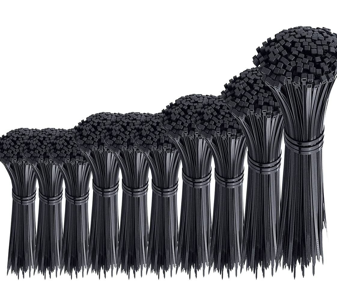 1000-Pack Black Heavy Duty Plastic Cable Zip Ties in 4-12 Inch Assorted Sizes
