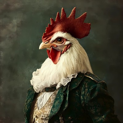 Regal Rooster im grünen, verzierten Anzug mit detailliertem spitzenähnlichem Kragen und einem Ri