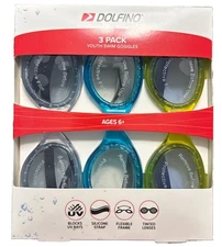 Dolfino 3 Pack Youth Swim Goggles - Grey Blue and Yellow Silicone Goggles