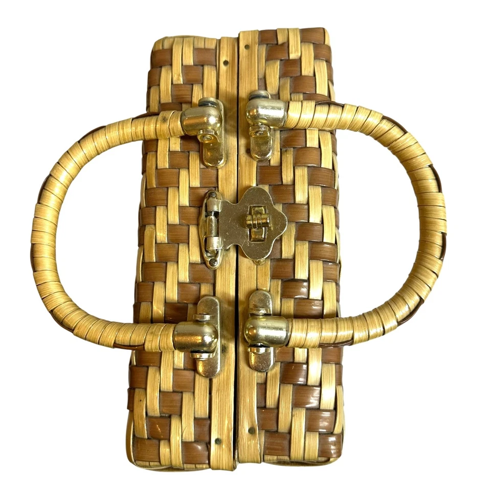 Винтажный 50-х/60-х коричневый и бежевый сплетенный соломы коробка сумка Дамская сумка Гонконг - Изображение 4 из 4