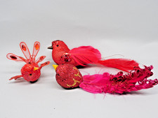 Sparkly Cardinal Ornaments Asst 3 Pc Clip-on w Feathers Jewels Glitter Red q-3 