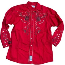 Panhandle Slim Retro Western Wear Pearl Snap Shirt Red Embroidered Medium