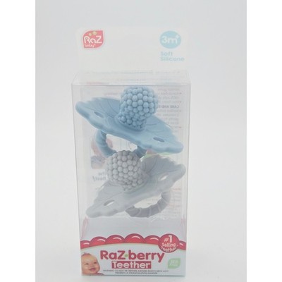 RaZbaby RaZ-berry Teether 2 Pack Blue Grey Soft Silicone BerryBumps 3m+ NEW