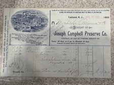 Antique 1893 Billhead Receipt - Joseph Campbell Preserve Co. - Camden NJ