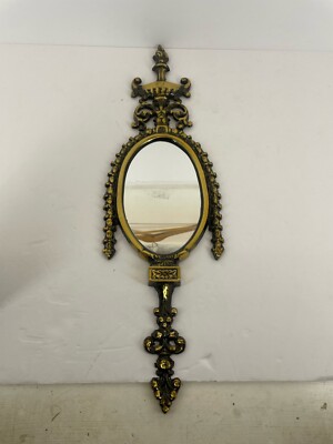 Antique Victorian Cast Brass Figural Floral Oval Ornate Wall Mirror, Rococo Styl