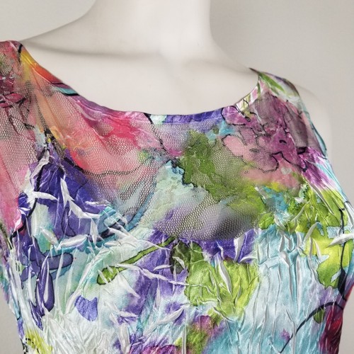 Komarov Blue Green Satin Floral Aquarium Plisse Travel Midi Dress Size Small NWT - Picture 7 of 15