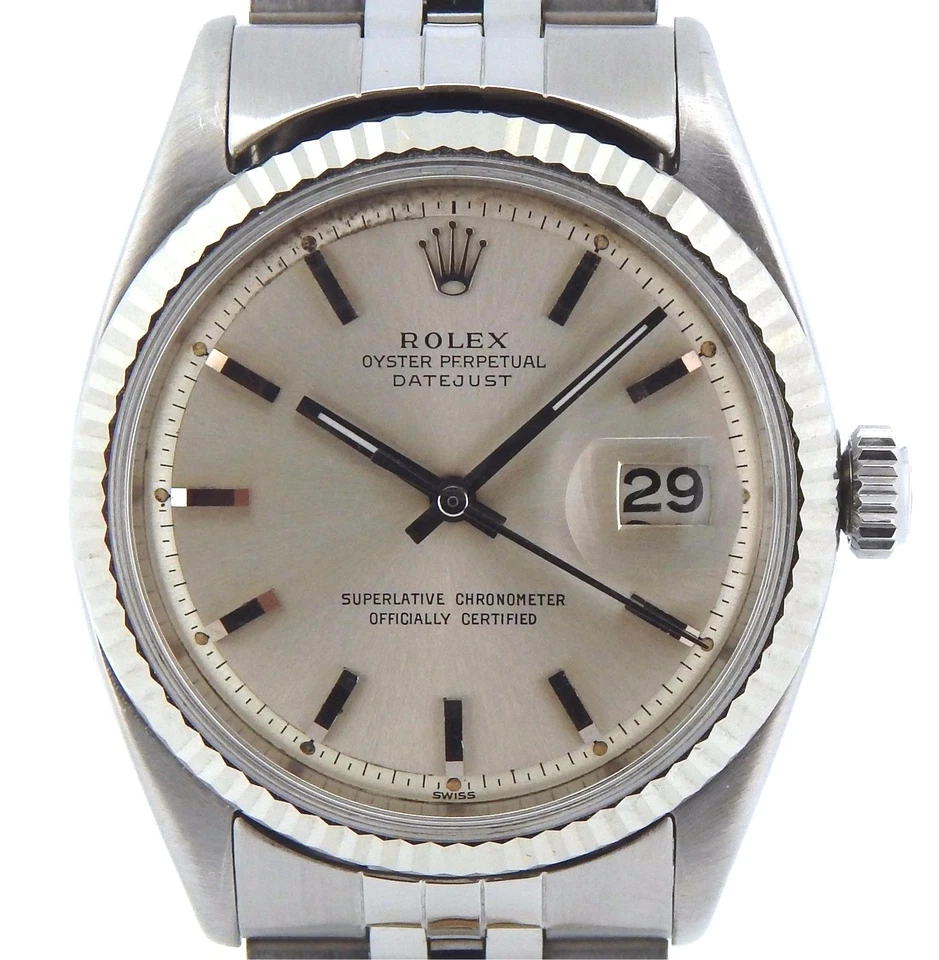 Reloj Rolex Datejust para hombre de acero inoxidable con bisel de oro blanco de 18 quilates esfera plateada 1601
