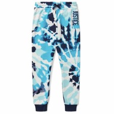 NWT Justice Girls Sz M 10 Blue White Fleece Tie Dye Joggers Graphic Sweatpants