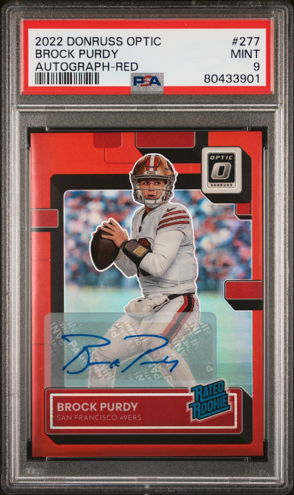 2022 PANINI DONRUSS OPTIC AUTO-RED #277 BROCK PURDY 16/75 PSA 9