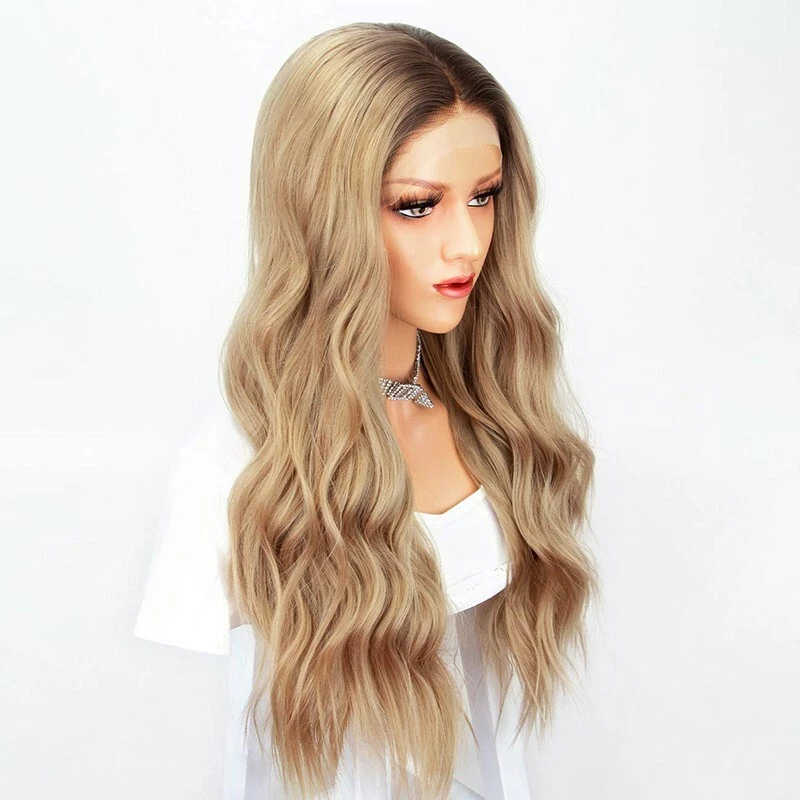 Peluca rubia rizada larga ondulada ombre raíz marrón oscuro a dorado para mujer cabello sintético Foto 2 de 4