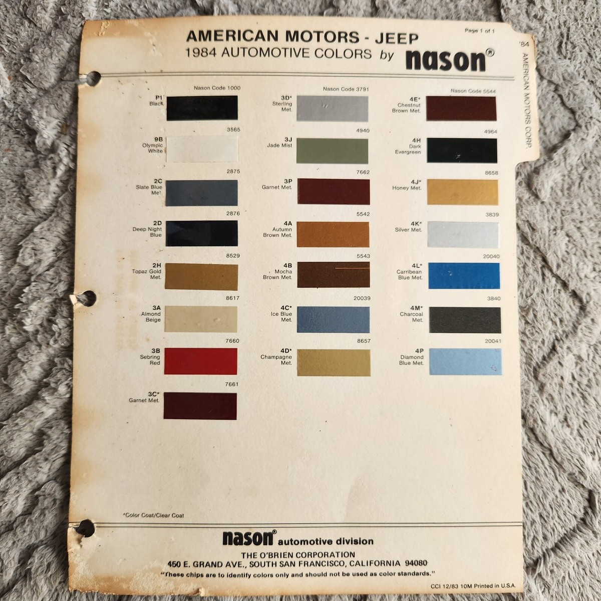 1984 American Motors Jeep Automotive Colors by Nason Paint Chip