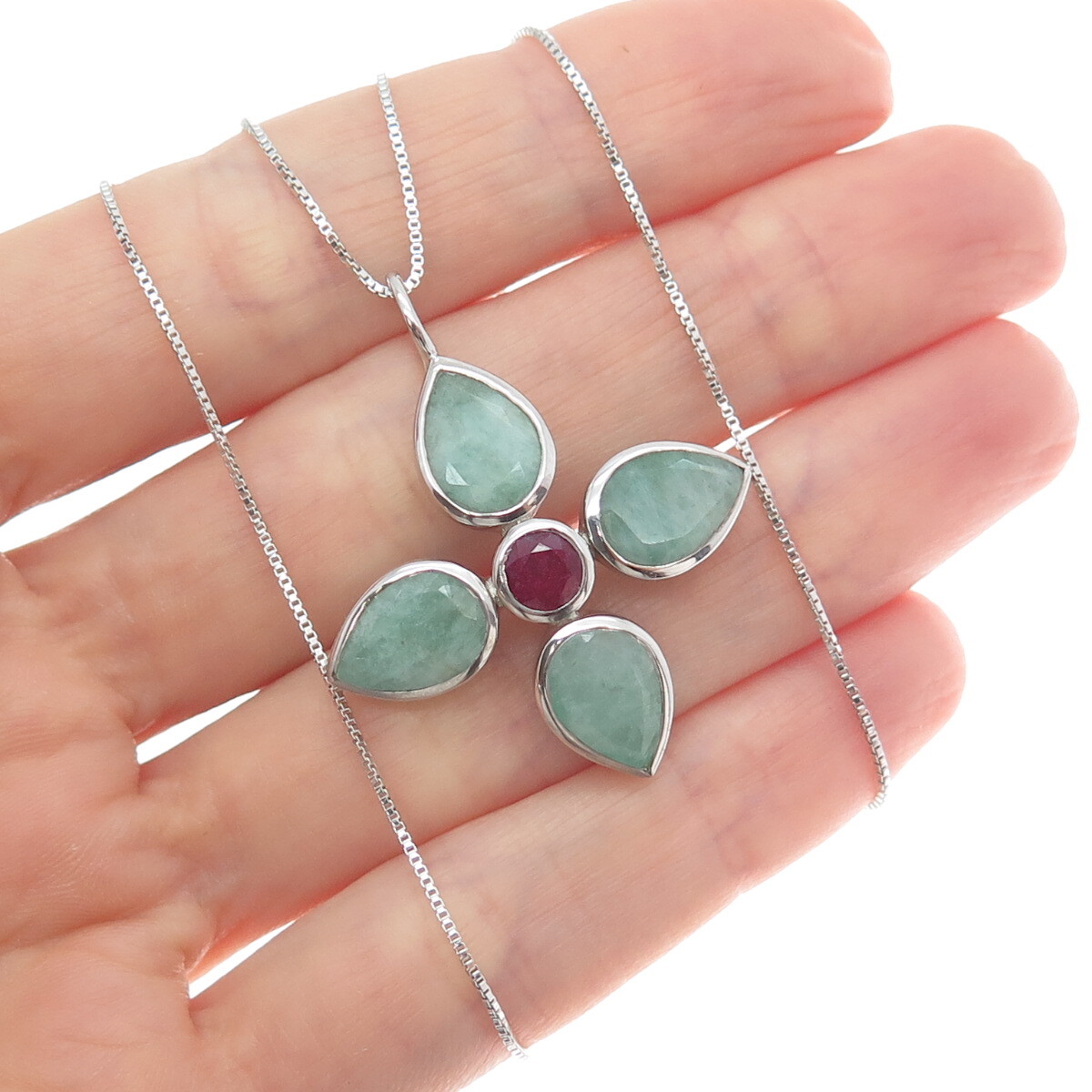 925 Sterling Silver Real Emerald & Ruby Flower Cr… - image 2
