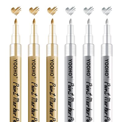 Paint Pen Markers Gold Silver Acrylic Permanent Fine Tip 6PCS for Fabric Wood