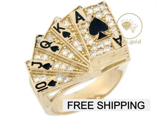 Size 10 1/2 1CT Simulated Diamond Men Poker Card Ring 14k Yellow Gold Plated
