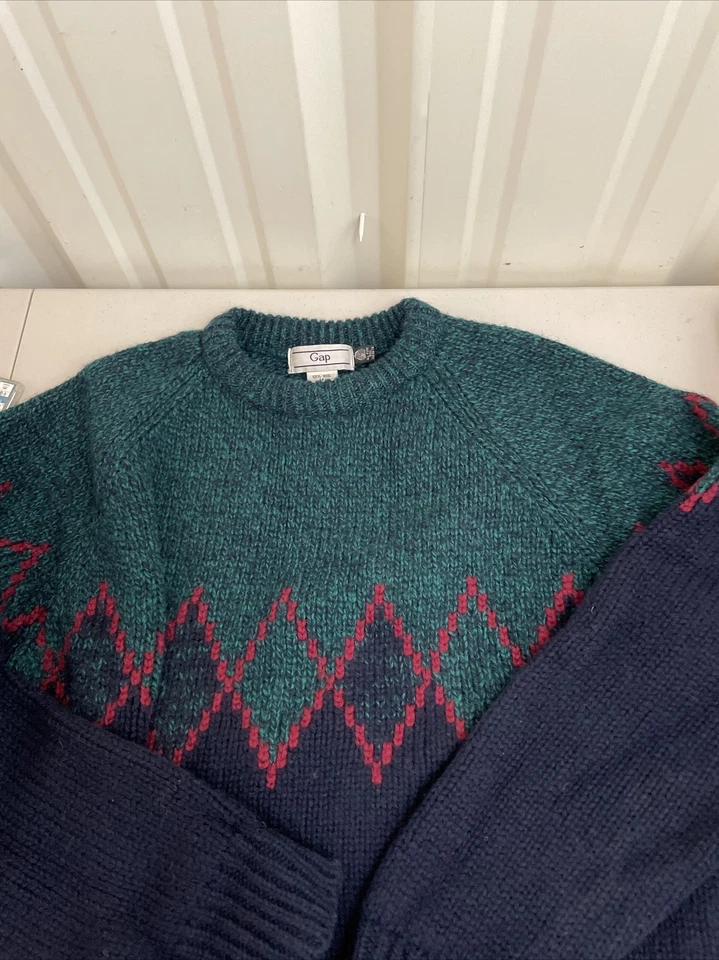 Vintage GAP Sweater Men's Medium Blue Green 100% Wool Ski Pullover Crew Neck - Image 4 of 4