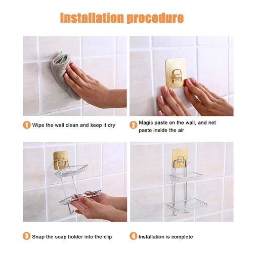Bathroom Double Tier Soap Dish Holder Wall Mounted Stainless Steel With Hook - Picture 8 of 10