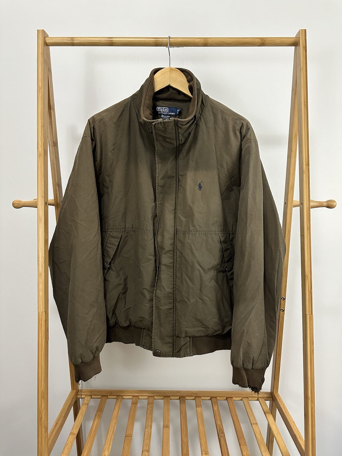 Giacca bomber vintage anni 90 Polo Ralph Lauren sbiadita pony traforata zip foderata in pile XL