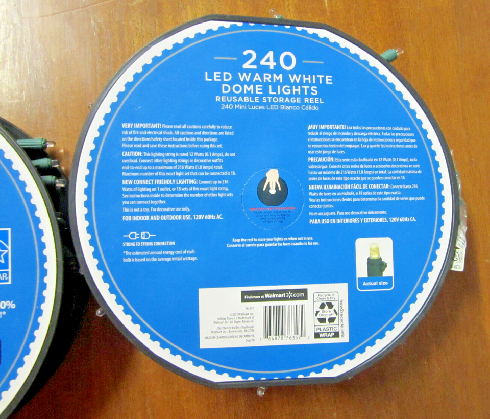 Holiday Time 240 Ct 54 Ft LED Warm White Dome Lights Reusable w/Storage