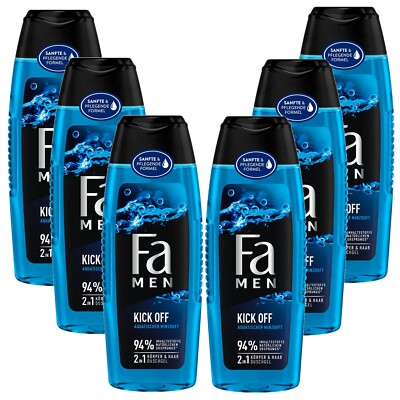 6X 250Ml Fa Men Kick Off Shower Gel Water Mint Body & Hair Mint Scent