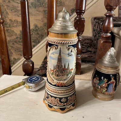 ULM DAS MUNSTER, SOUVENIR CERAMIC STEIN GERMANY. ORNATE PEWTER LID Musical