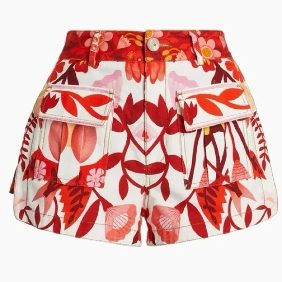 Nuevo Pantalones Cortos Farm Rio Románticos Huertos Rojo Multi Floral Algodón Talla 30 Foto 3 de 4
