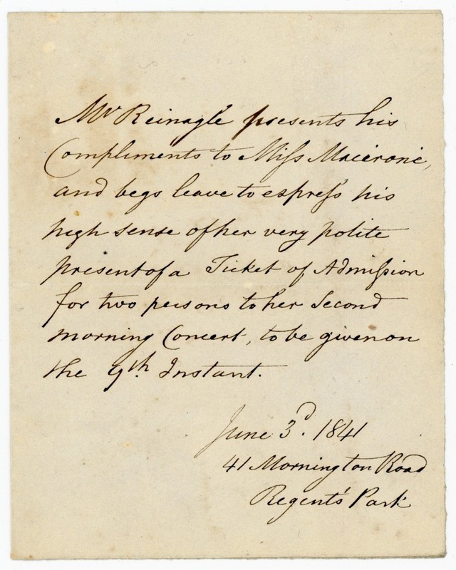FEMALE COMPOSER Clara Macirone 1841 R.R. Reinagle English Artist Manuscript Note
